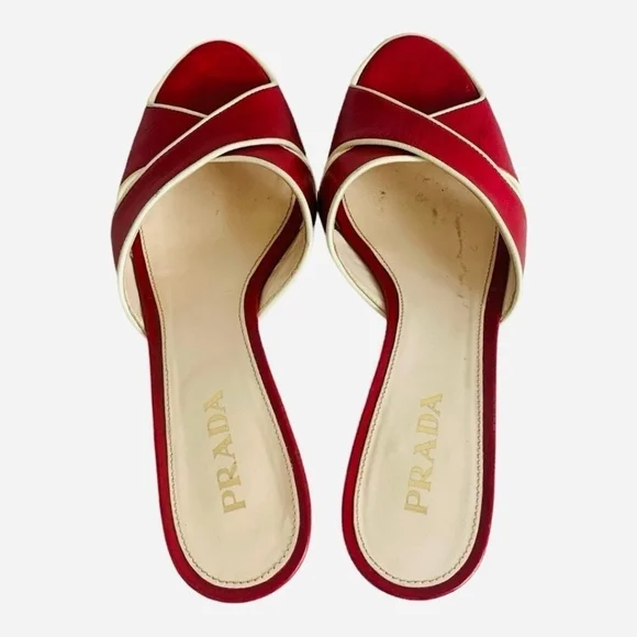 Prada Vitello Raspberry Beige Leather Platform Peep Toe High Heel Sandals